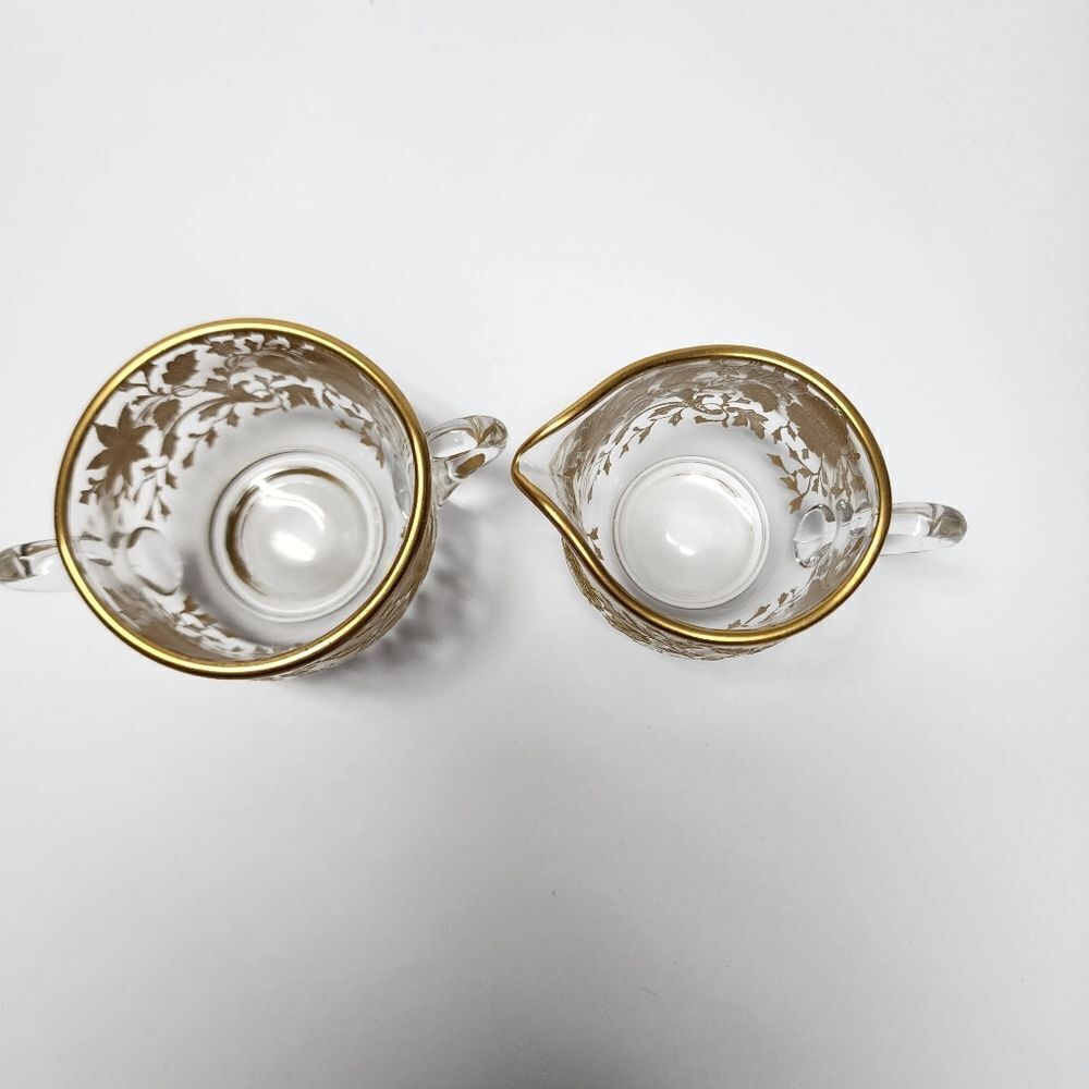 Vintage Cambridge Creamer and Sugar Bowl Set with Gold Etched Wildflower Designs - Picture 2 of 6